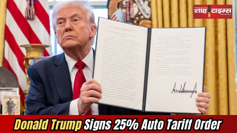 President Donald Trump speaking at the White House, signing a document imposing a 25% tariff on imported automobiles and auto parts.