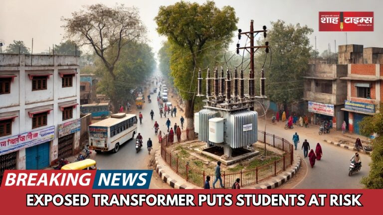 An exposed high-voltage transformer near a school in Muzaffarnagar, surrounded by pedestrians and students, highlighting the risk due to lack of safety measures.