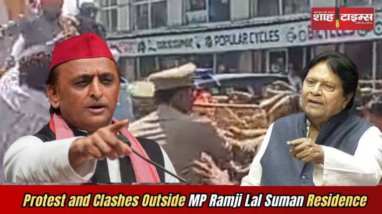 "Karni Sena activists protesting outside SP MP Ramji Lal Suman's house in Agra, police controlling the situation."