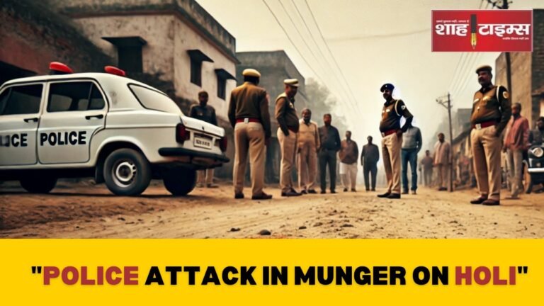 "A crime scene in Munger, Bihar, on the day of Holi, showing a police baton on a dusty road with bloodstains, and police officers with villagers in the background."