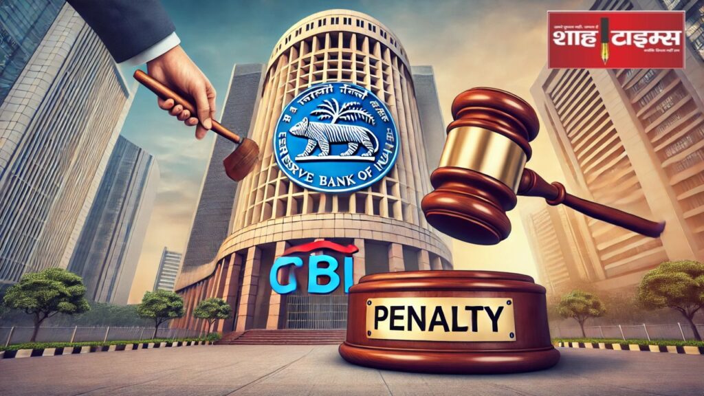 RBI headquarters with a gavel striking a financial document labeled 'Penalty,' symbolizing regulatory action against Citibank.