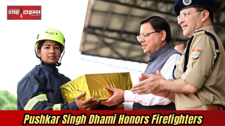 Chief Minister Pushkar Singh Dhami with firefighters and officials at Fire Service Week event, Dehradun, Uttarakhand