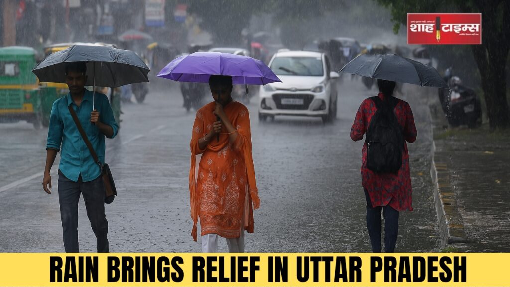 People walking with umbrellas during heavy rain in Lucknow, Uttar Pradesh