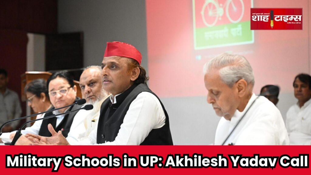 Akhilesh Yadav speaking at SP headquarters in Lucknow about military schools