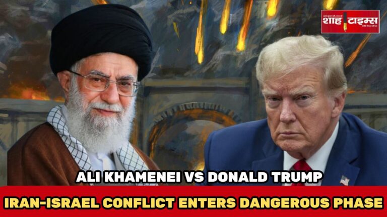 Ali Khamenei and Donald Trump with missile strikes and explosions in the background during the Iran-Israel war escalation