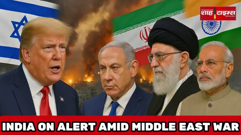 Donald Trump, Benjamin Netanyahu, Ayatollah Khamenei, Narendra Modi with Israel, Iran, and Indian flags and war background – Shah Times Exclusive
