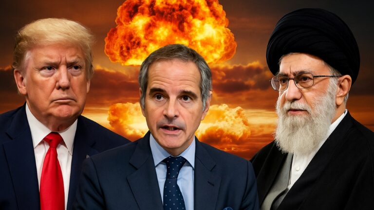 डोनाल्ड ट्रंप, IAEA प्रमुख राफेल ग्रॉसी और ईरान के सर्वोच्च नेता अली खामेनेई की पृष्ठभूमि में परमाणु विस्फोट का दृश्य | Shah Times विश्लेषण