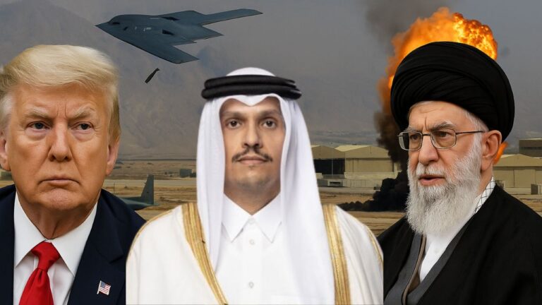 Donald Trump and Ali Khamenei with military airbase explosions in background during Operation Midnight Hammer – Shah Times