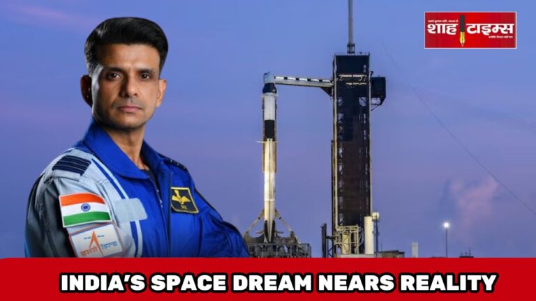 Indian astronaut Shubhanshu Shukla in ISRO flight suit with Falcon 9 rocket in background, representing Axiom-4 mission launch preparation – Shah Times