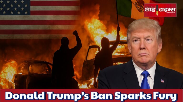 Protest scene with burning cars, American and Mexican flags, silhouettes of demonstrators, and Donald Trump on the right side.