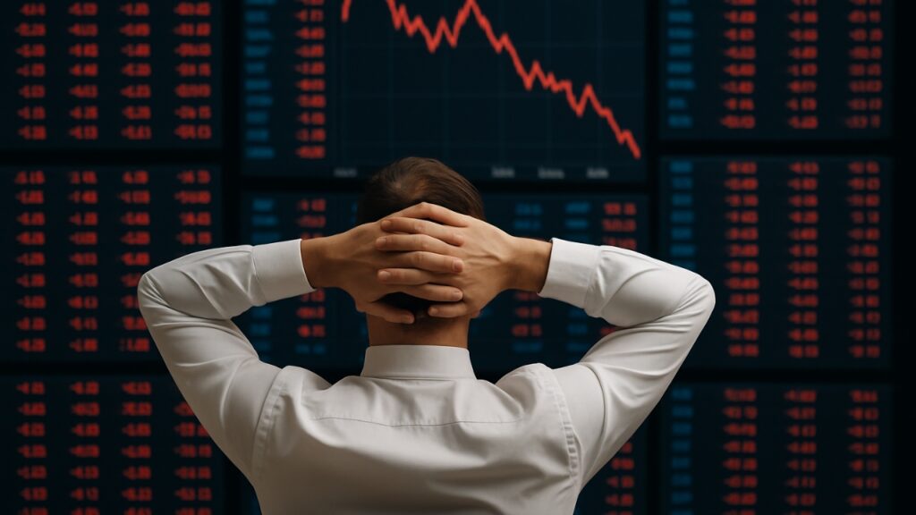 Trader watching red stock market screens during Sensex and Nifty crash – Shah Times
