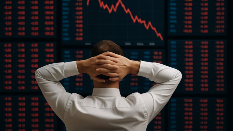 Trader watching red stock market screens during Sensex and Nifty crash – Shah Times