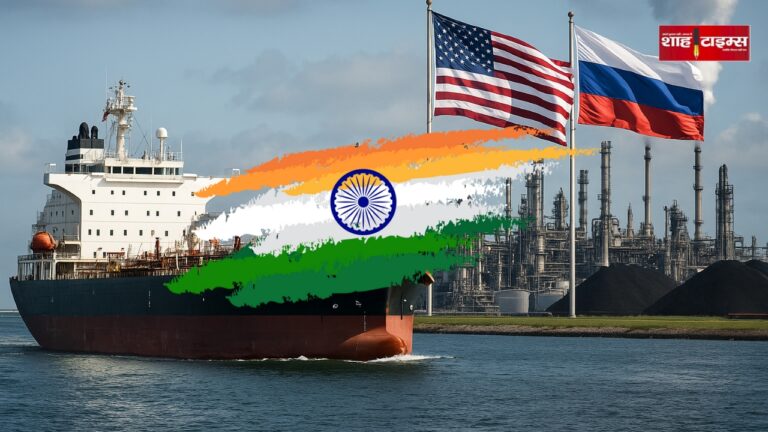 Oil tanker sailing with U.S. and Russian flags near refinery, depicting India's global energy diplomacy – Shah Times