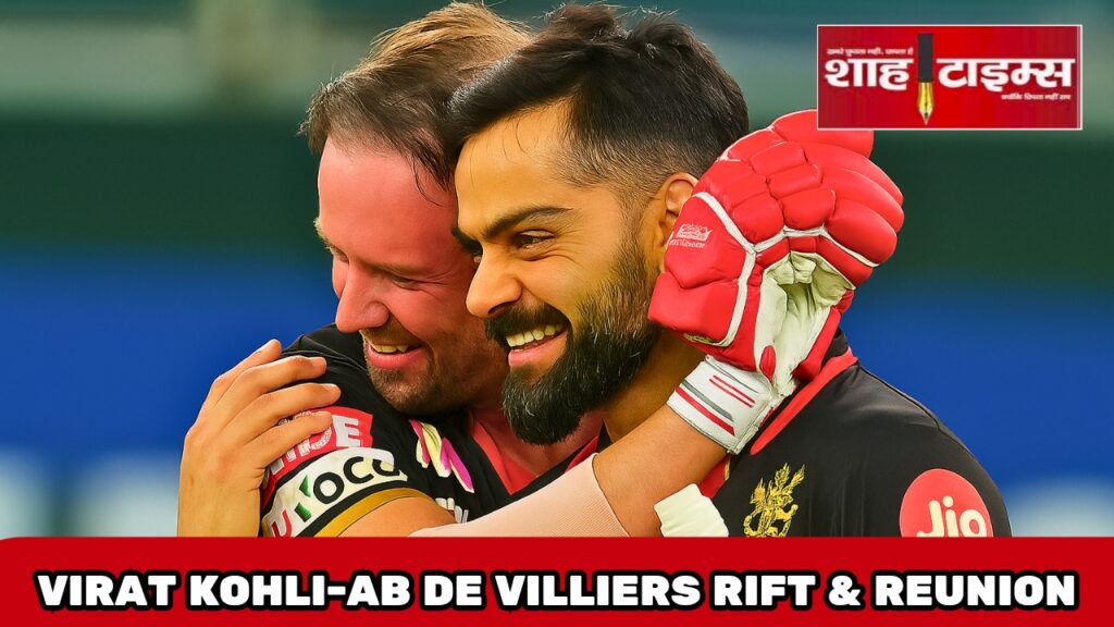 AB de Villiers and Virat Kohli hugging each other in RCB jerseys after IPL 2025 victory celebration.