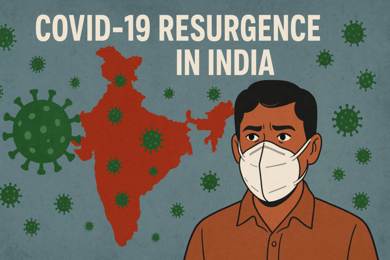 Illustration of a masked man in front of a red map of India with green coronavirus icons showing COVID-19 resurgence