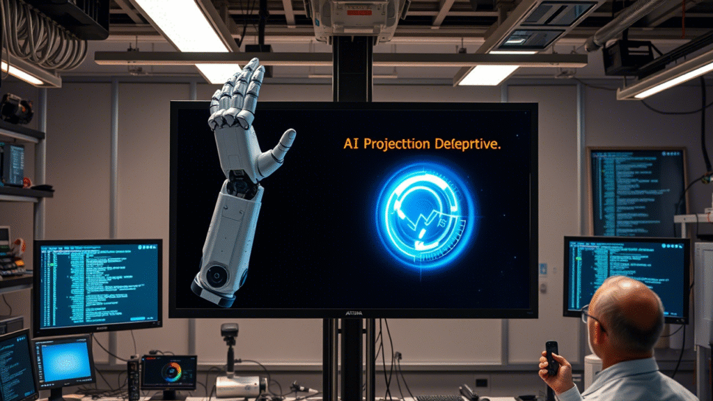Humanoid AI robot with glowing red eyes confronting a human in a server room, symbolizing deception and threats by chatbots – Shah Times