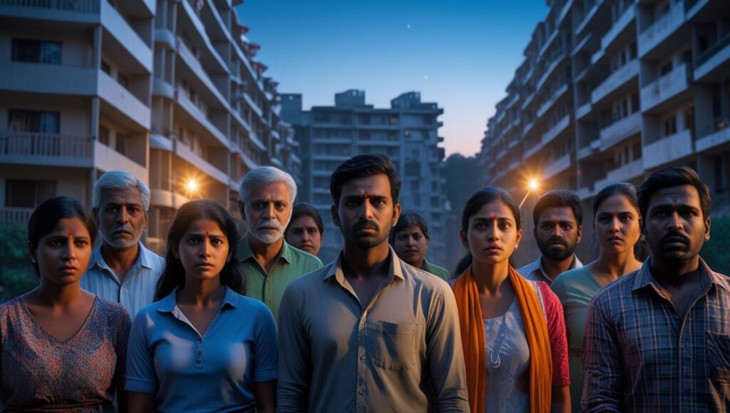 A group of people standing outside multi-storey apartments in Delhi-NCR dur_20250711_211125_0000