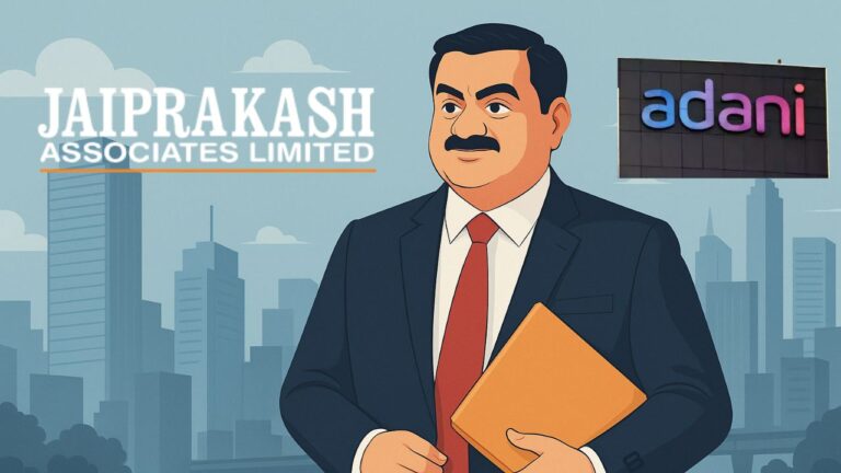 Adani group takeover of Jaiprakash Associates illustration with urban infrastructure backdrop