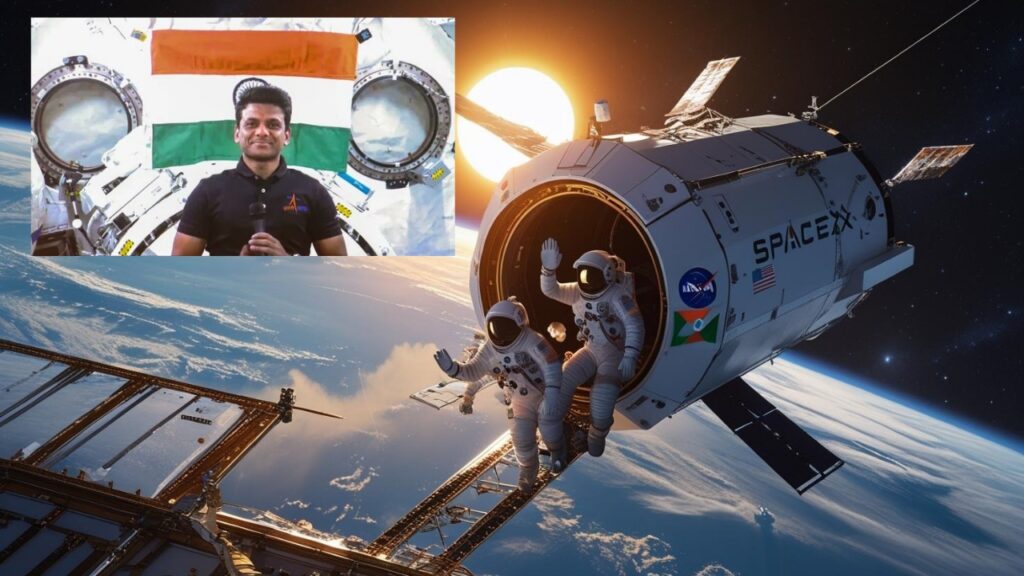 SpaceX Dragon with astronauts exiting ISS, inset showing Indian astronaut Shubhanshu Shukla holding mic with Indian flag in background