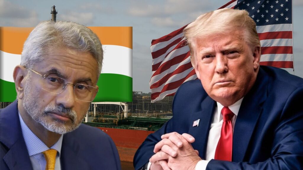 भारत के विदेश मंत्री एस. जयशंकर और डोनाल्ड ट्रम्प की पृष्ठभूमि में भारतीय और अमेरिकी झंडे हैं, जो रूसी तेल पर भारत-अमेरिका व्यापार संघर्ष को दर्शाते हैं – शाह टाइम्स