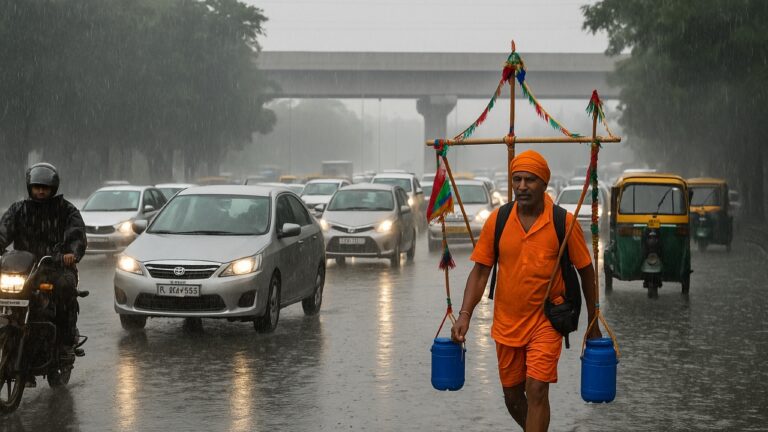 Kanwar Yatra devotee walking in Delhi rain, traffic and waterlogging in background