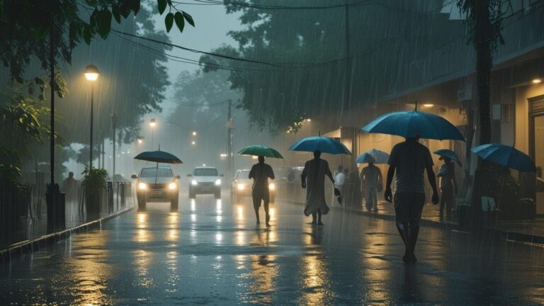 A rainy street in Delhi NCR with cars and a motorcyclist driving through waterlogged roads during monsoon