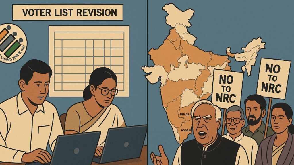 Election Commission officers revising voter list while opposition leaders protest NRC-like move, map of Indian states highlighted