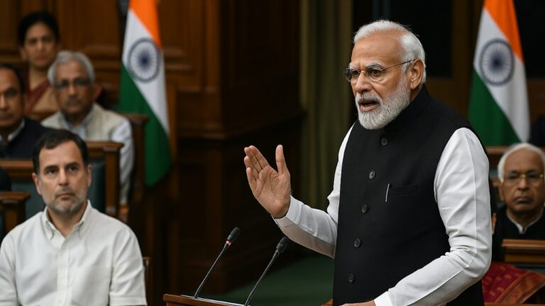 संसद में ऑपरेशन सिंदूर पर बहस के दौरान प्रधानमंत्री मोदी और राहुल गांधी के बीच तीखी राजनीतिक टक्कर।