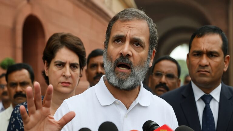 Rahul Gandhi interacting with the media outside Parliament House during the Monsoon Session