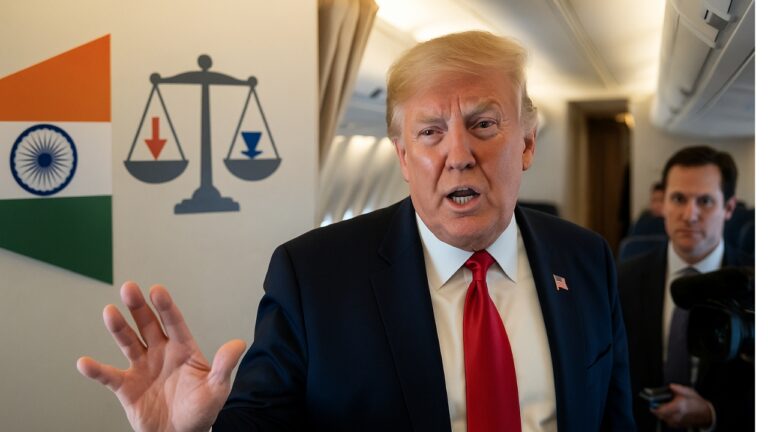 शाह टाइम्स: डोनाल्ड ट्रंप एयर फोर्स वन में भारत पर टैरिफ बढ़ाने की संभावना पर पत्रकारों से बात करते हुए।