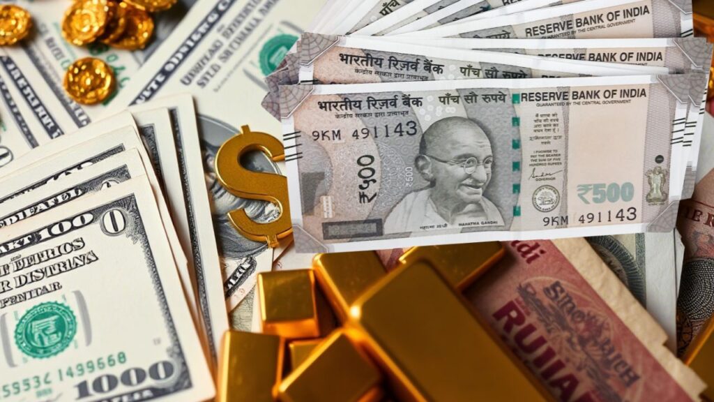 Stacks of US dollar bills, Indian ₹500 currency notes, gold bars, and coins representing global financial assets – Shah Times.