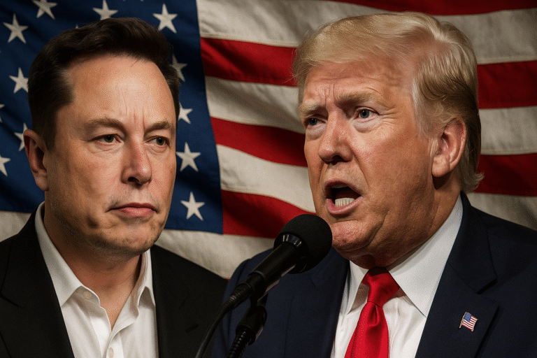Elon Musk and Donald Trump in front of the U.S. flag during a political confrontation | Shah Times