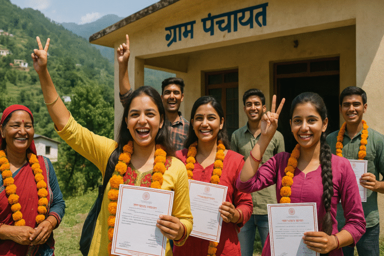 Young women candidates celebrating victory in Uttarakhand Panchayat Election 2025 – Shah Times