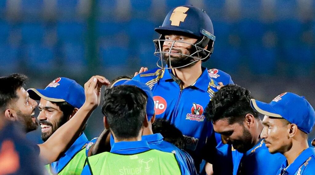 Rinku Singh celebrates his match-winning century with teammates during the Uttar Pradesh T20 League 2025 clash against Gorakhpur Lions at Ekana Stadium, Lucknow