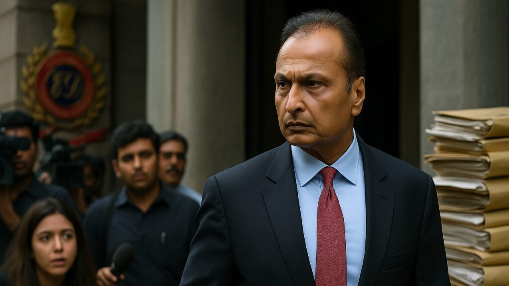 Anil Ambani walking past media amid ED investigation, financial documents and ED office visuals in the background.