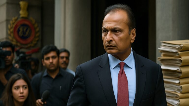 Anil Ambani walking past media amid ED investigation, financial documents and ED office visuals in the background.