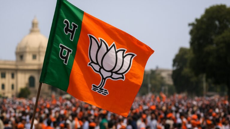 BJP flag in front of crowd during political rally, Uttar Pradesh Election 2027 preparations | Shah Times
