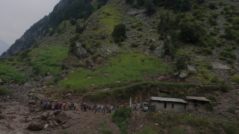 A wide 16:9 view of the hilly terrain in Kishtwar, Jammu & Kashmir, showing the aftermath of a deadly cloudburst with muddy debris, rocks, and a crowd of people gathered near damaged structures on the Machail Mata Yatra route.