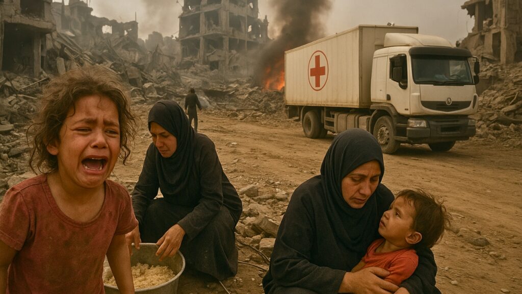 Crying child and women amid Gaza ruins with aid truck in background, symbolizing humanitarian crisis — Shah Times