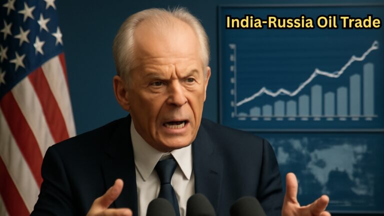 Peter Navarro speaking at a press conference about India’s Russian oil trade and US-India tariff tensions.