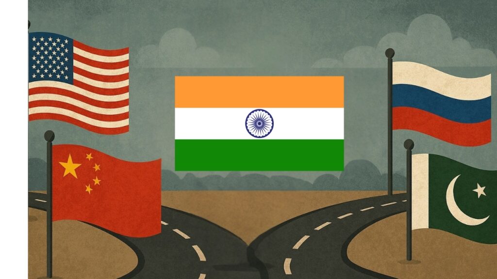 Digital artwork depicting India caught between four global powers.