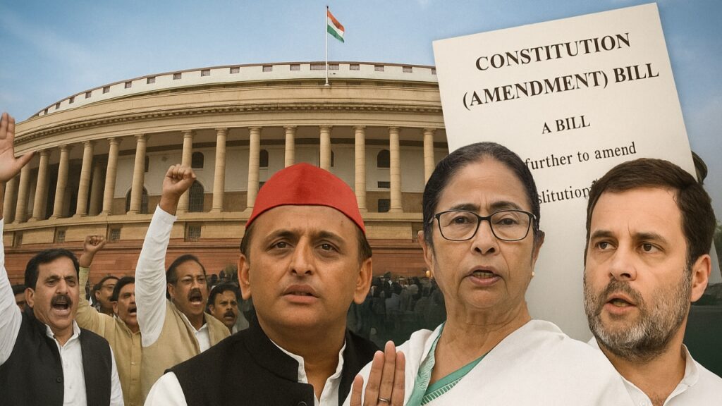 Protesting opposition MPs inside Parliament with Akhilesh Yadav, Mamata Banerjee, Rahul Gandhi, and Constitutional Bill in background – Shah Times