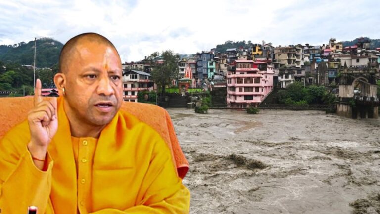Yogi Adityanath addressing on Jammu-Kashmir floods and landslide disaster with flooded town background.