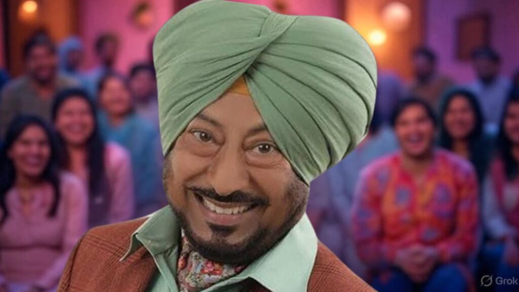 Jaswinder Bhalla performing comedy on stage with audience laughing, Punjabi cinema vibe, Shah Times