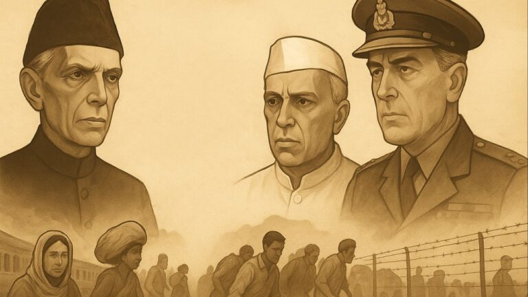 Illustration of Jinnah, Nehru, and Mountbatten with refugees during Partition of India 1947.