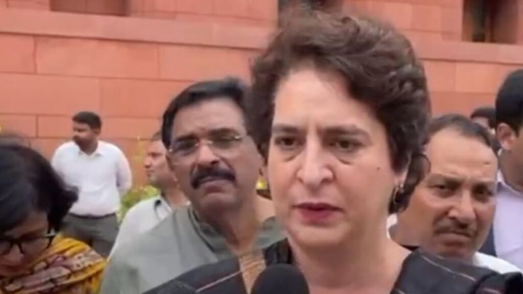 Priyanka Gandhi speaking to the press outside Parliament building with – Shah Times