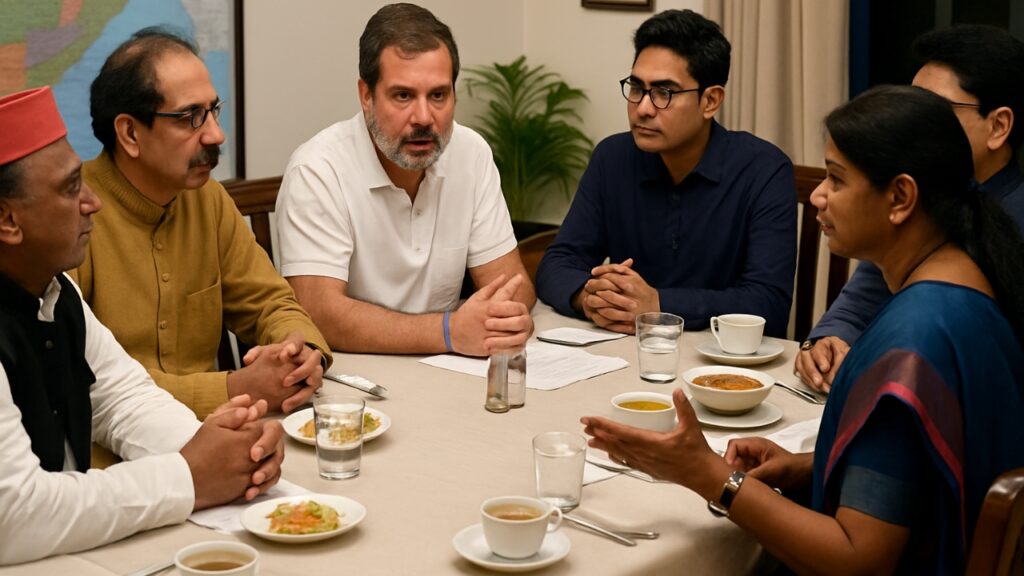 Rahul Gandhi with opposition leaders during dinner meeting in Delhi discussing SIR, VP election, and voter list concerns