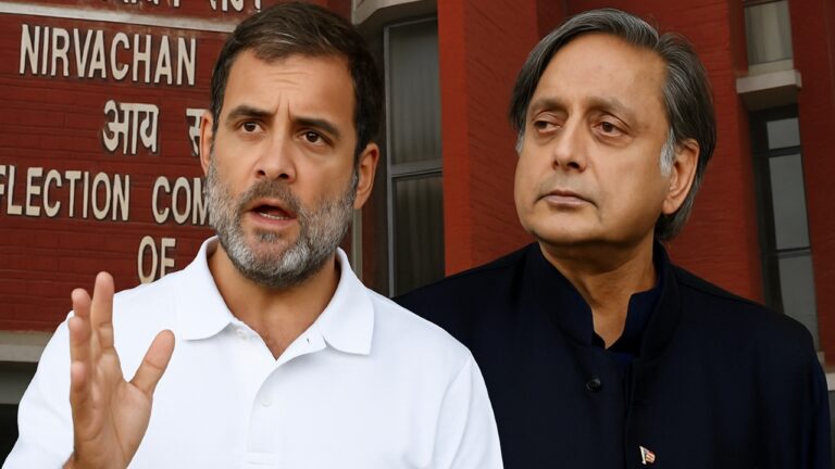 Rahul Gandhi speaking as Shashi Tharoor listens, standing outside the red brick Election Commission of India building – Shah Times.