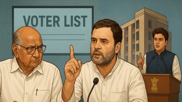 Sharad Pawar speaking at a press conference supporting Rahul Gandhi’s vote theft allegations in Maharashtra politics.