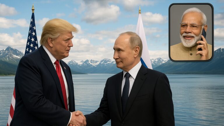 Donald Trump और Vladimir Putin अलास्का में मुलाकात के दौरान हाथ मिलाते हुए, पृष्ठभूमि में अमेरिकी और रूसी झंडे, जबकि भारतीय प्रधानमंत्री नरेंद्र मोदी शांति और कूटनीति का प्रतीक बनते हुए फोन कॉल फ्रेम में दिखाई दे रहे हैं। — Shah Times